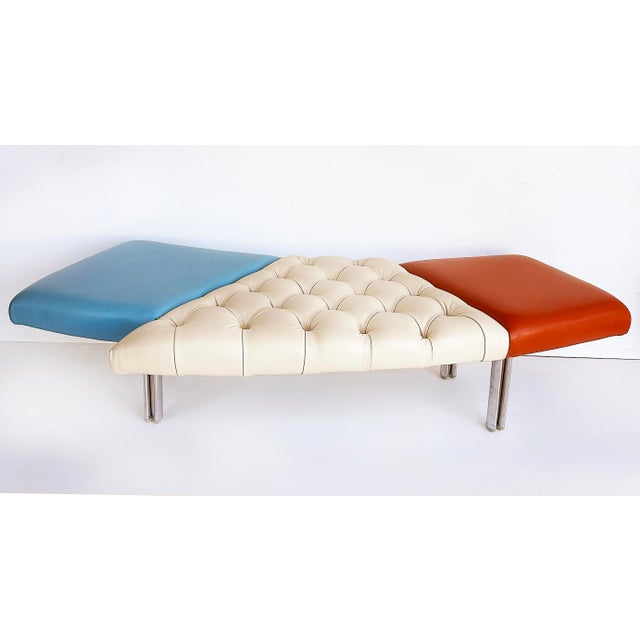 Giorgio Saporiti Design, Il Loft Tufted Leather Bench, Multi-color Chrome Legs Offered for sale is an asymmetric bench...