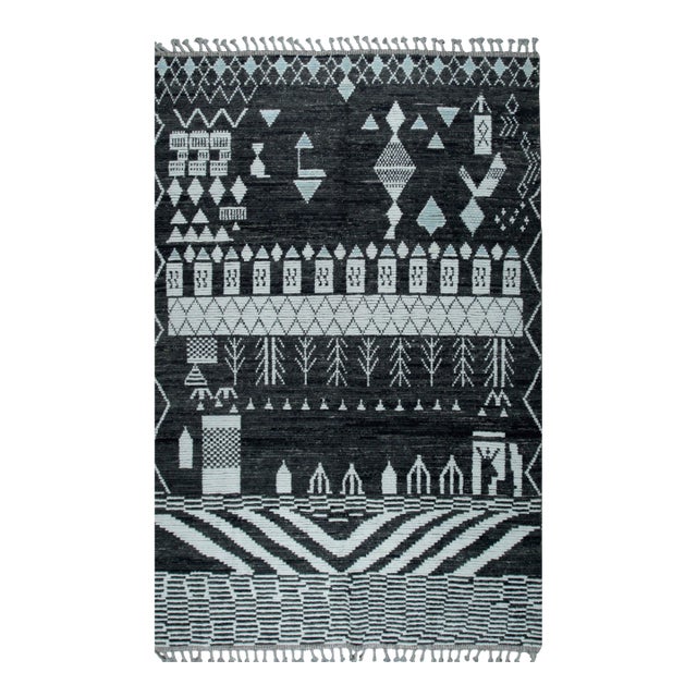 6x9 Bold Tribal Black and Cream Tribal Design Modern Contemporary Berber Carpet Rug For Sale