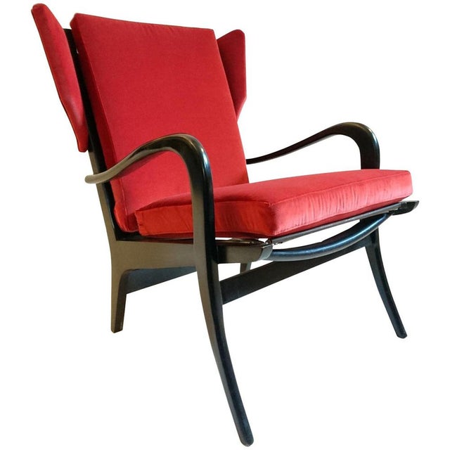 Mid-Century Wingback Armchair in Red Velvet and Blackened Wood, 1950s For Sale - Image 10 of 10