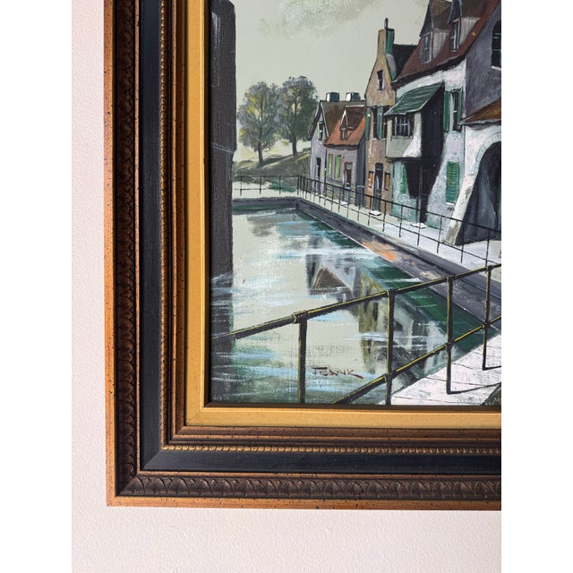 Brown 1960’s Frank European Town Landscape Scene Oil on Canvas Painting, Framed For Sale - Image 8 of 11