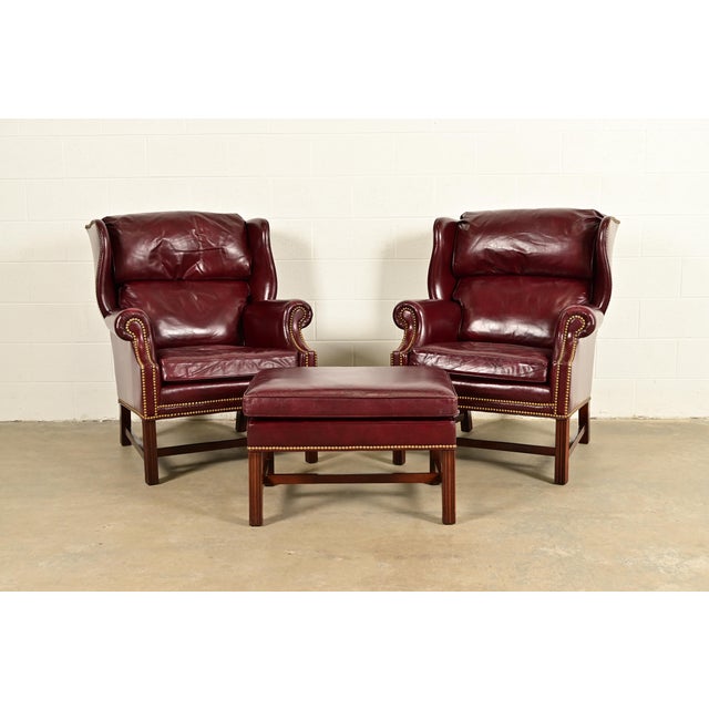 Hancock & Moore Chippendale Wingback Leather Lounge Chairs With Ottoman For Sale - Image 15 of 15