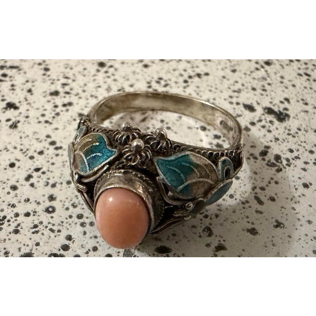 1950s 1950s Bj Beatrix Pink Coral Cloisonne Butterfly Sterling Silver Ring Size 11 For Sale - Image 5 of 6
