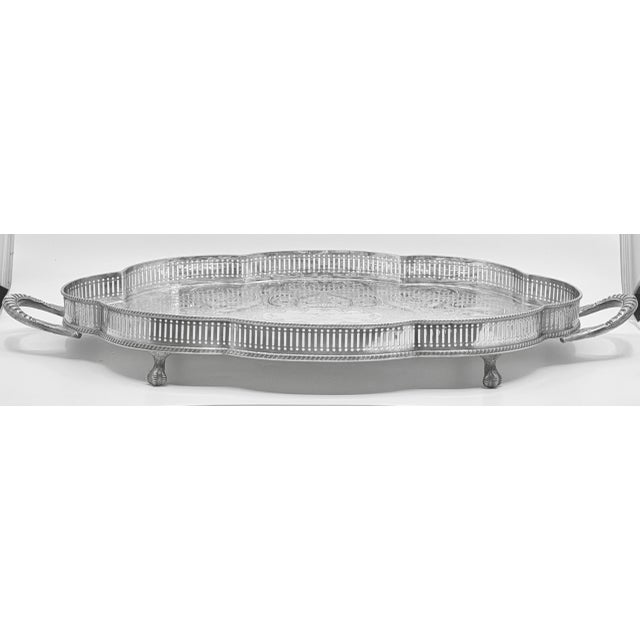 Large Engraved English Sheffield silver on cooper footed barware / tableware gallery tray with interior etched design....