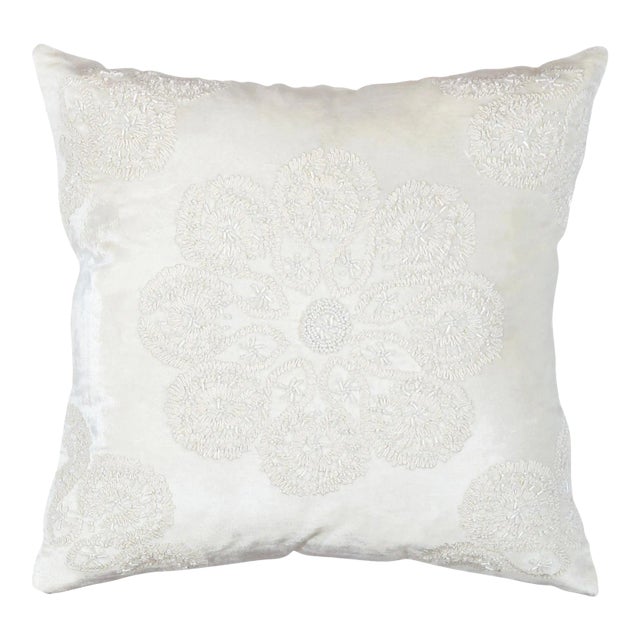 Pasargad Home Naples Embroidered Pillow, Ivory/Silver For Sale
