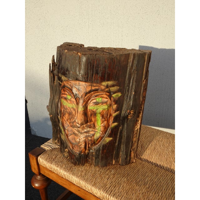 Vintage Hand Carved Face on a Wooden Log ~ Decorative Decor For Sale In Los Angeles - Image 6 of 12