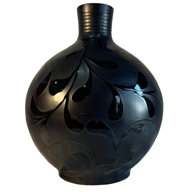 Large 16 In, Tall Bulbous Black Ceramic Leaf Design Vase For Sale - Image 10 of 14