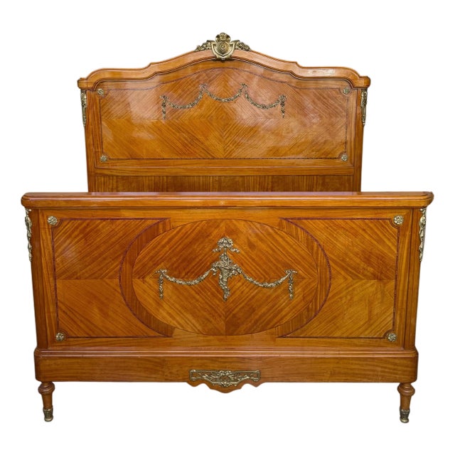 1920s French Neoclassical Burl Maple Full Size Bed Frame For Sale