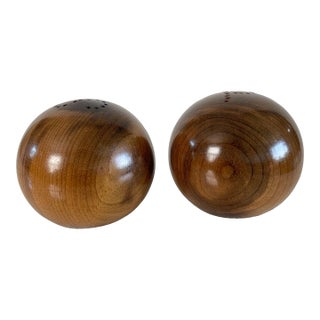 Mid 20th Century Solid Hardwood Walnut Sphere Salt & Pepper Shakers- a Pair For Sale