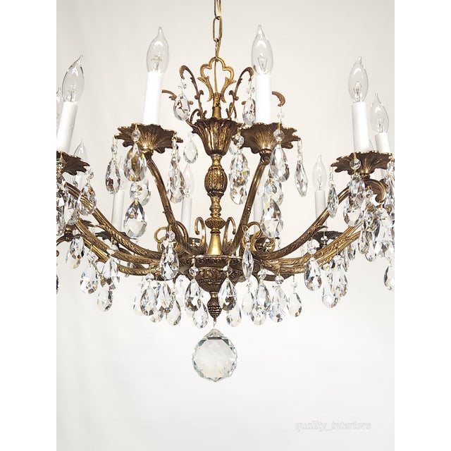 1950s Antique 12 Light Captivating Curvaceous Brass Cut Lead Crystal Chandelier For Sale - Image 5 of 10