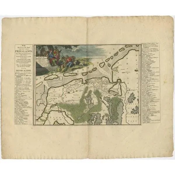 Antique map friesland titled 'pars ii et iii frisiae libera(\.)'. Old map of friesland, the netherlands, after the floods...