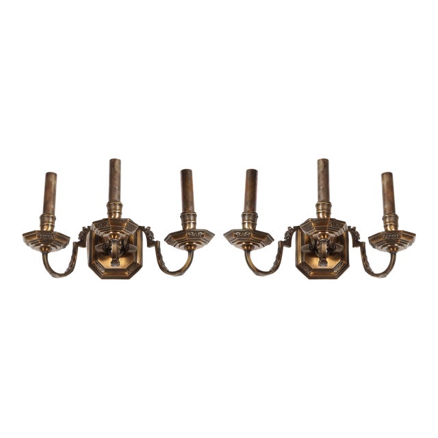 Traditional Cast Brass Triple Arm Sconces - A Pair For Sale