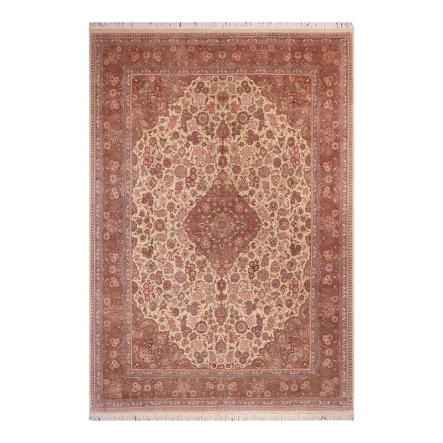 Shabby Chic Kashan Pak-Persian Ivory/Brown Wool Rug - 9'1'' X 12'1'' For Sale