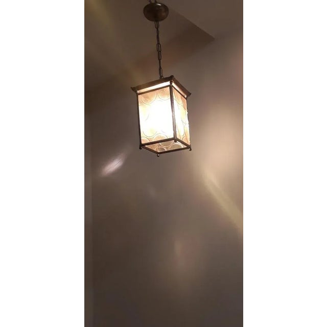 Mid-Century Modern Small Lantern Shaped Ceiling Lamp with Brass Mount and Yellow Patterned Glass Shade, 1960s For Sale - Image 3 of 7