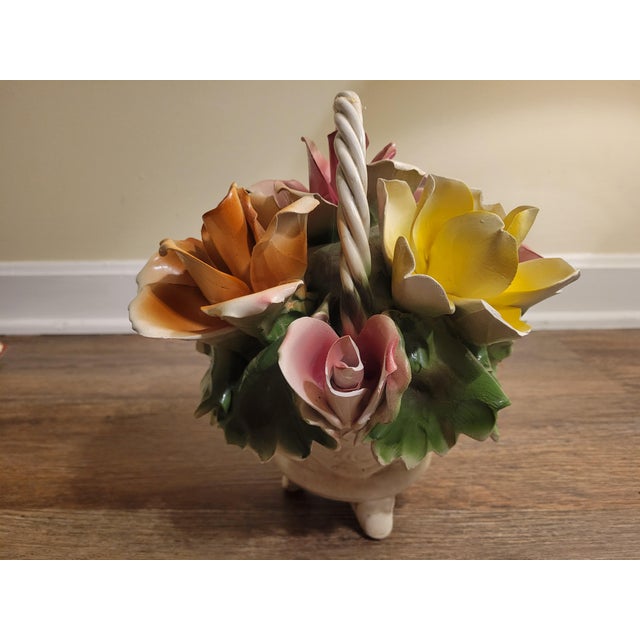 1970s Vintage Capodimonte Italy Porcelain Rose Flower Basket Crown N Original Tag For Sale - Image 5 of 10