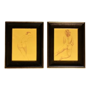 1970’s Vintage Female Nude Sepia Study Drawings on Yellow Framed-A Pair