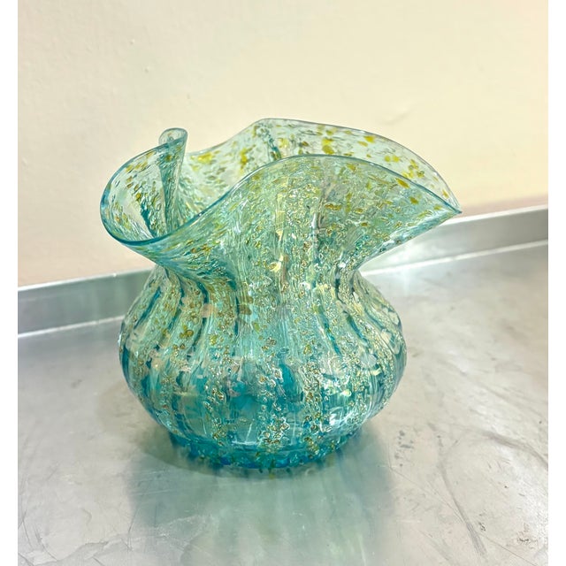 Antique Dugan art glass green/blue small ruffle-top vase. Excellent condition.