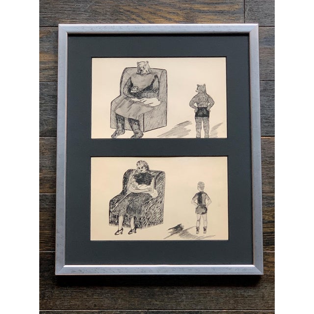 Black Bears and Humans - A Framed Series of Odd & Disturbing Pen & Ink Drawings - A Set of 10 For Sale - Image 8 of 12