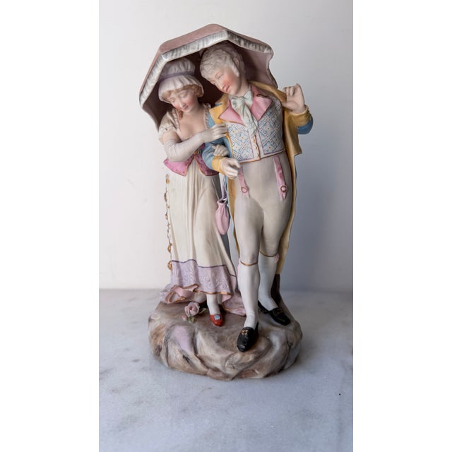 Late 19th Century 18th-Century Courting Couple Sharing a Parasol Under Pastel-Colored Period Attire. Glazed and Matte Porcelain Figurine For Sale - Image 5 of 15