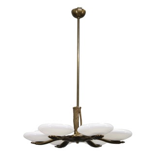 Art Deco Brass Chandelier with 6 Glass Shades, Former Czechoslovakia, 1930s For Sale