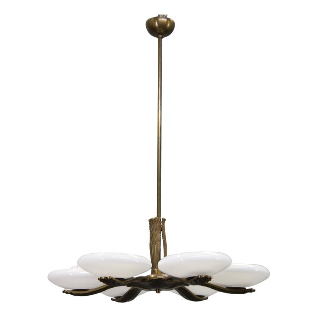 Art Deco Brass Chandelier with 6 Glass Shades, Former Czechoslovakia, 1930s For Sale