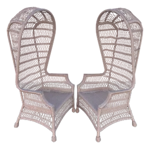 Mid-20th Century Restored Rattan Wicker Hooded Dome Lounge Chairs - A Pair