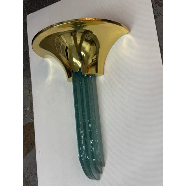 Design Plus Gallery presents a Purcell Brass + Aqua Glass Wall Sconce by Karl Springer. Designed in the 1980s, this sconce...