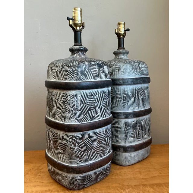 Vintage Geometric Ceramic Table Lamps - Pair For Sale - Image 4 of 12