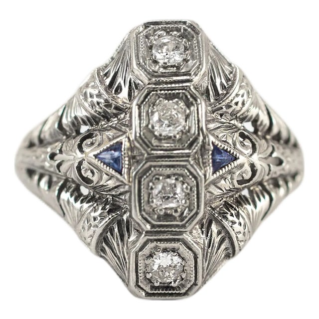 Late 20th Century Antique Art Deco Filigreed 18k White Gold Four Diamond Sapphire Cocktail Ring, Size 7 For Sale