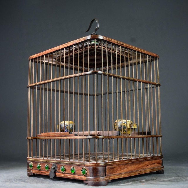 Antique Rosewood Birdcage With Gemstone Inlay and Porcelain Feeders For Sale - Image 4 of 9