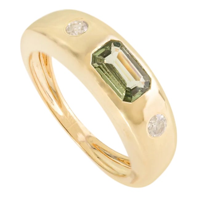 Emerald Cut Green Sapphire & Diamond Three Stone Ring Size 6 For Sale