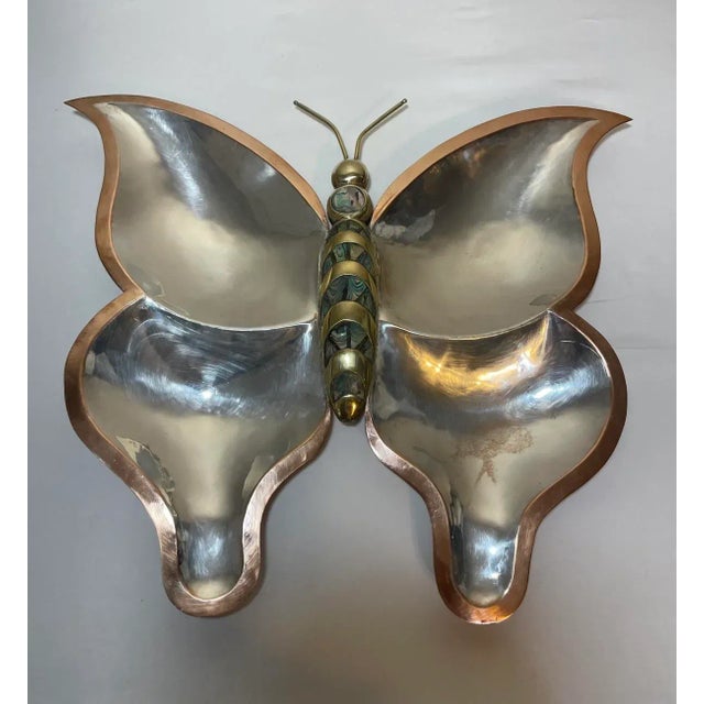 Mid 20th Century Mid Century Los Castillo Style Butterfly Tray Abalone Mixed Metals Brass Copper Silver For Sale - Image 5 of 12