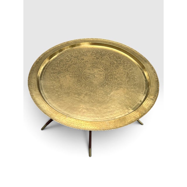 Mid-Century Chinoiserie 45 Inch Hand-Etched Brass Tray Coffee Table on Teak Spider Base. For Sale - Image 4 of 11