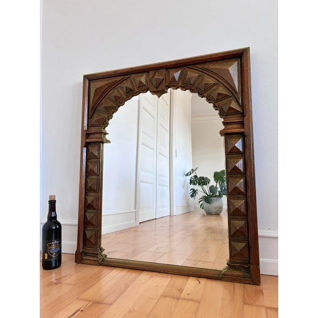 Early 20th Century Antique Spanish Revival Oak Wall Mirror With Geometric Carving For Sale - Image 5 of 11