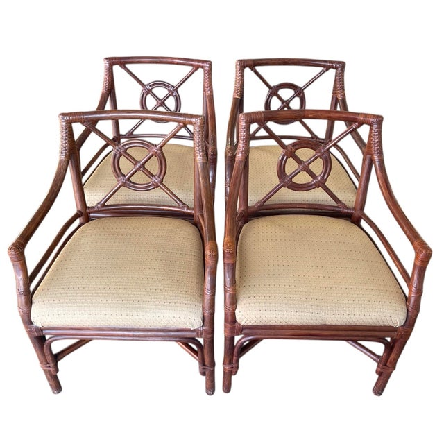 Shelby Williams 1990s Shelby Williams Target Back Rattan Dining Chairs, Set of Four, McGuire Style, Coastal, Regency, Palm Beach For Sale - Image 4 of 15