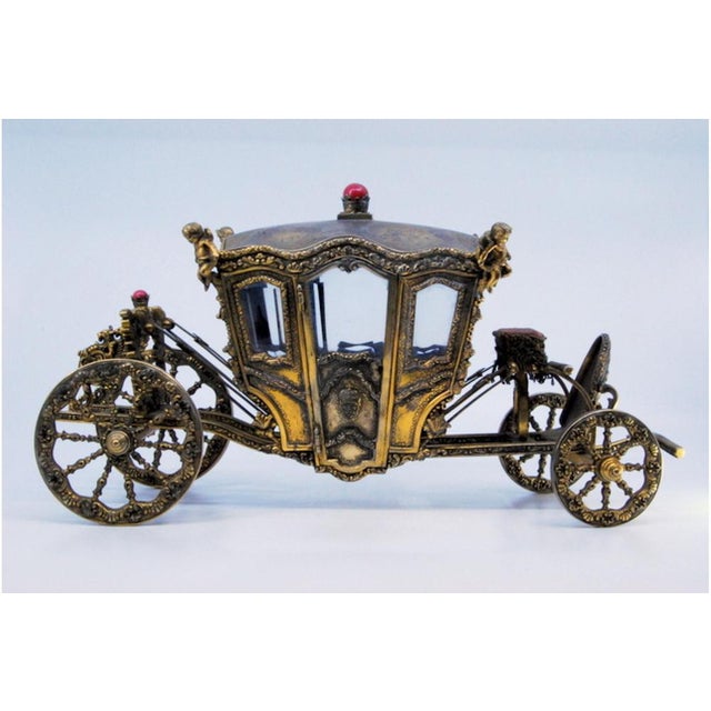 Silver-Gilt Carriage with Portuguese Coat of Arms Engravings, Garlands, Angelic Figures and Glass Applications, in Very...