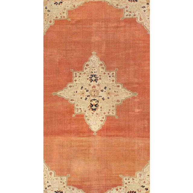 Shabby Chic Antique Ziegler Sultanabad Rug in Soft Orange Background, Ivory and Pops of Navy Blue For Sale - Image 3 of 10