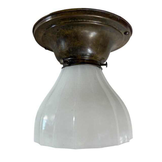 Antique White 1920s Ribbed Clam Broth Sheffield Style Flushmount Ceiling Light For Sale - Image 8 of 8