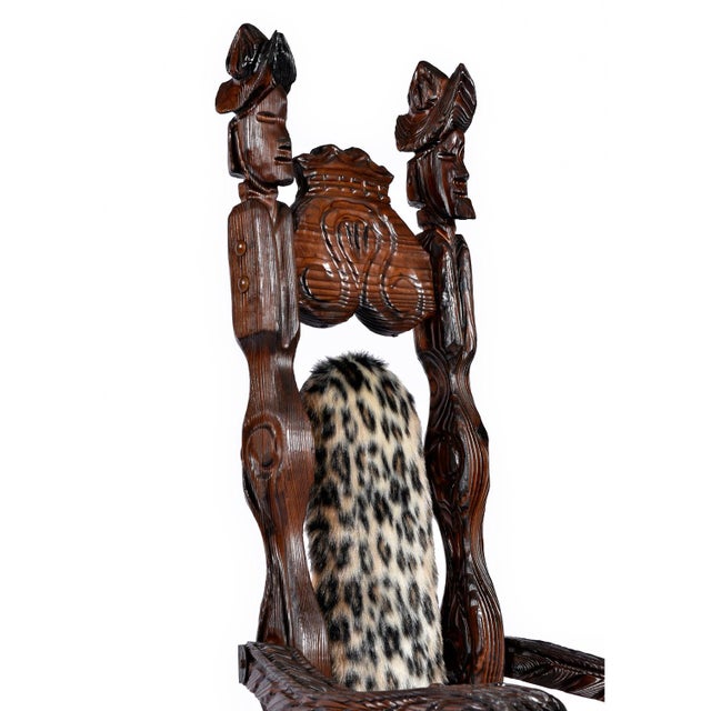 Witco Pair of Restored Witco Conquistador Vintage Tiki Throne Chairs in New Faux Leopard Fur For Sale - Image 4 of 18