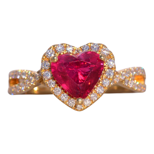 The Lovers Leap: Heart Shaped Natural Ruby and Diamond Ring in Yellow Gold