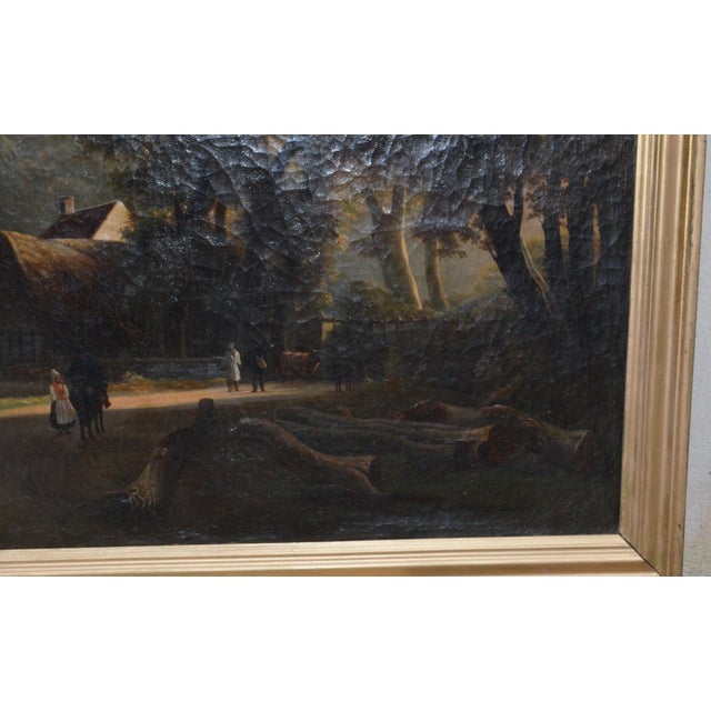 19th Century French School Animated Landscape with Cottage Large oil on canvas depicting a wooded landscape animated with...