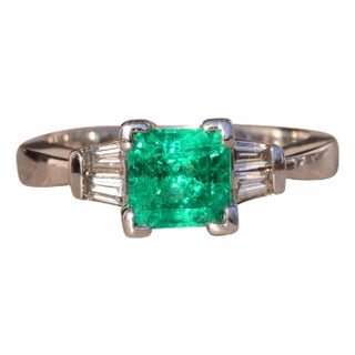The 78th Avenue: Classic Square Emerald Cut Natural Emerald and Tapered Baguette Diamond Ring For Sale