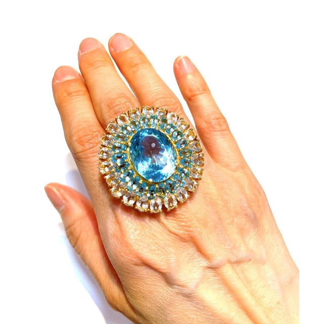 Metal Bochic "Flamenco" Vintage Blue Topaz & White Topaz Gem Ring 18K Gold & Silver For Sale - Image 7 of 18