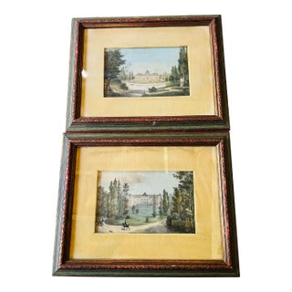 Antique Framed and Matted Franch Hand Colored Landscapes a Pair For Sale