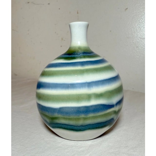 1980s Vintage Otagiri Japan Green Striped Glazed Bulbous Weed Pot Pottery Vase For Sale - Image 5 of 8