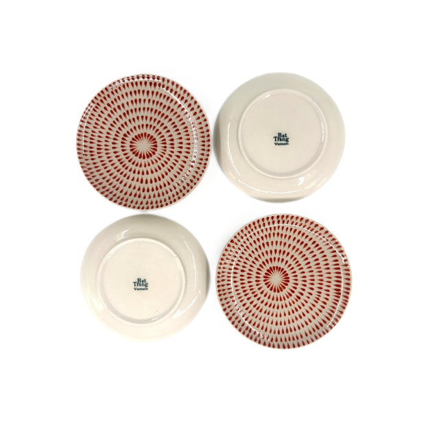Abstract Set of 4 Bat Trang Vietnamese Ceramic Dessert/Salad Plates With Hand Painted Red Brushstroke Motif For Sale - Image 3 of 7