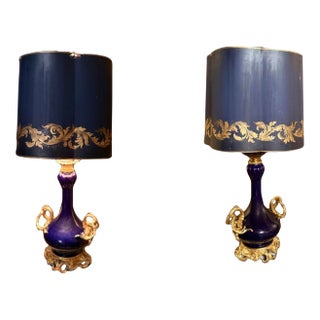 Vintage Italian Cobalt Blue Porcelain Gilt Brass Table Lamps - Pair For Sale