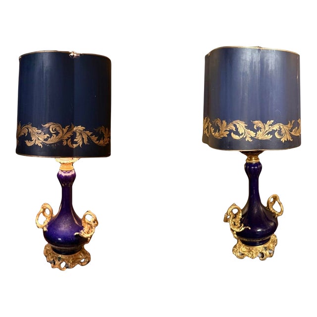 Vintage Italian Cobalt Blue Porcelain Gilt Brass Table Lamps - Pair For Sale