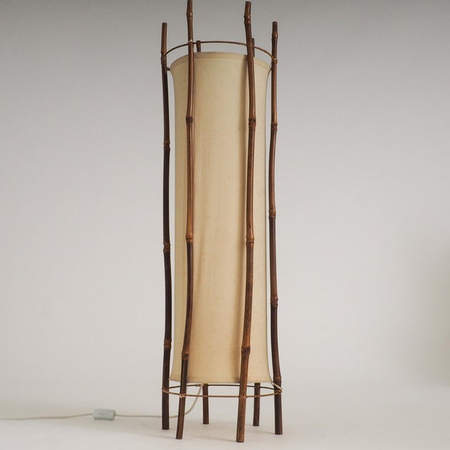 Wood Large Bamboo and Linen Floor Lamp by Louis Sognot, 1960s For Sale - Image 7 of 18