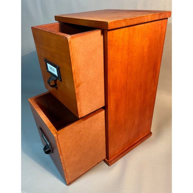 1980s 2 Drawer Desktop Cabinet Black Cherry Wood With Metal Label Holder Pulls For Sale - Image 5 of 6
