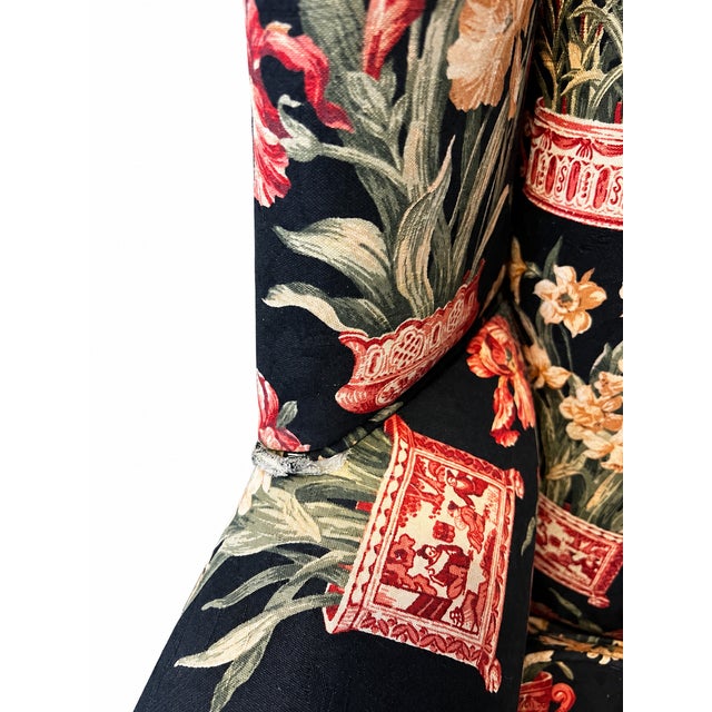 Late 20th Century Black Floral Chinoiserie Wingback Armchairs — A Pair For Sale - Image 13 of 16